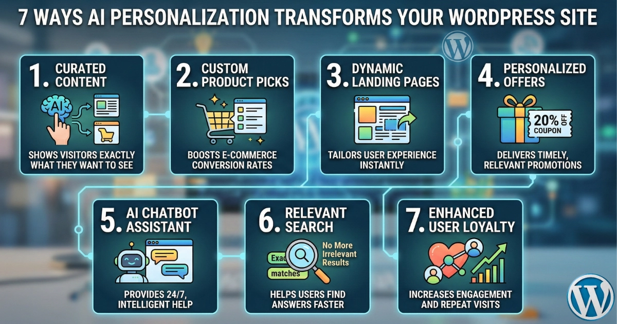 Image illustrating 7 ways AI personalization can enhance your WordPress site for a tailored user experience.