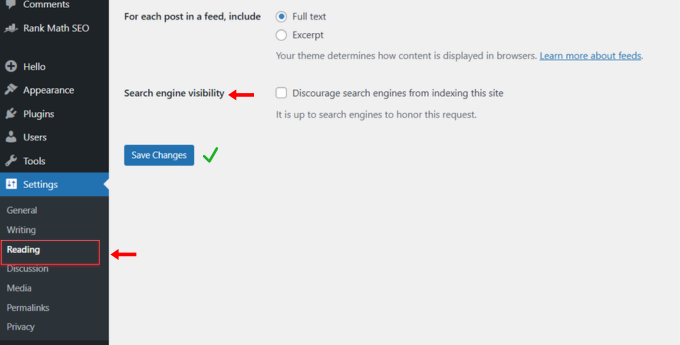 Settings page in WordPress showing the option to disable search engine visibility.
