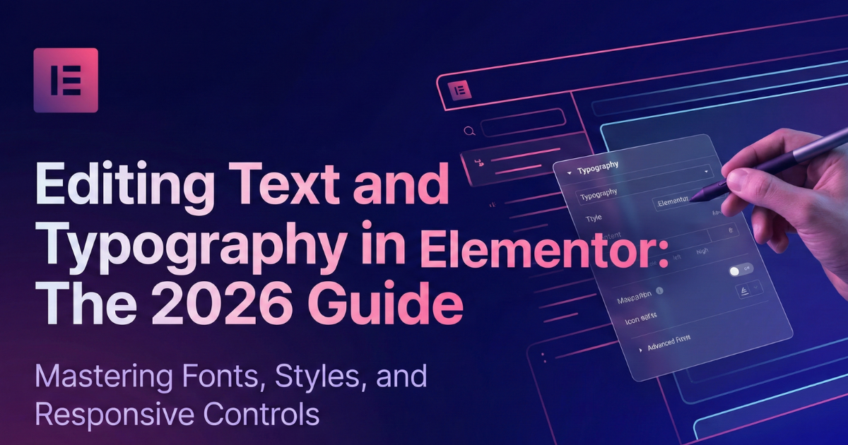Editing text and typography in Elementor, illustrated in a guide titled "The 2026 Guide."