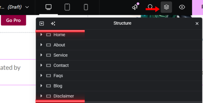 Settings page in a browser showing navigation options in the Elementor page builder interface.