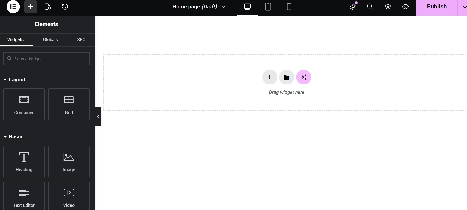 Elementor page displayed in the editor, showcasing layout and design options for website customization.