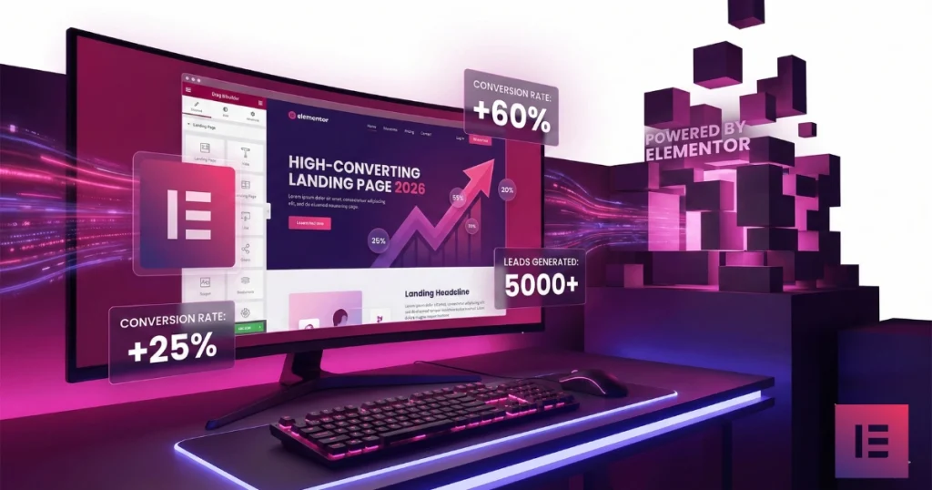 A computer monitor with a purple background and a keyboard, displayed on a landing page designed with Elementor.