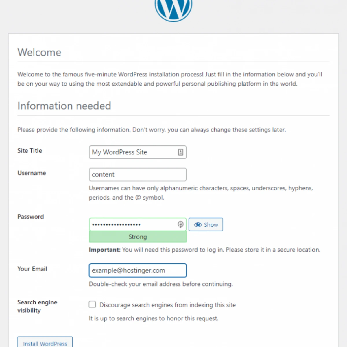 WordPress five-minute installation screen requesting site title, username, password, and email address.