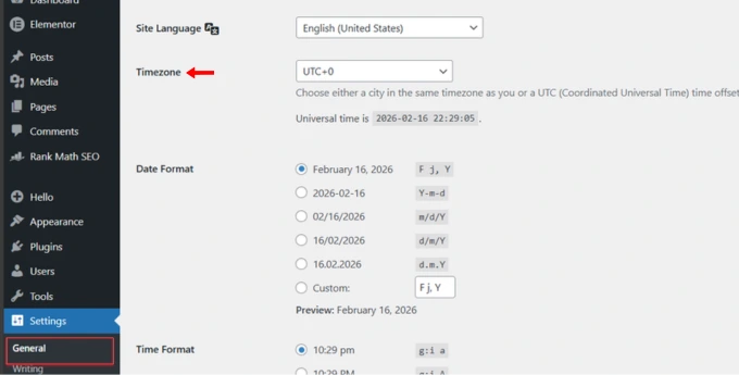Settings page in WordPress showing options for adjusting the time zone settings.