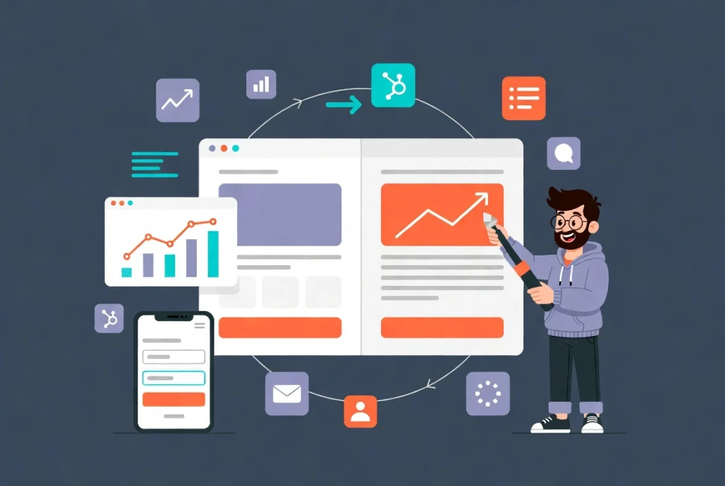 A/B testing split website layouts with analytics graphs and iteration flow arrows for conversion optimization