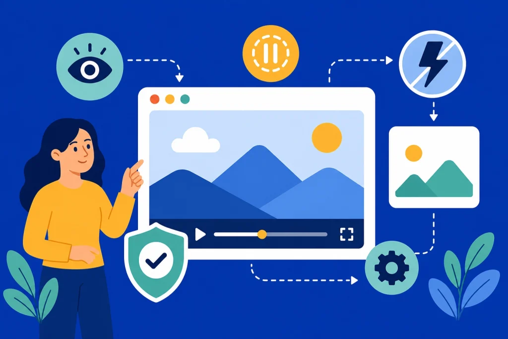 Flat vector illustration of woman pointing at accessible video player interface with shield and settings icons