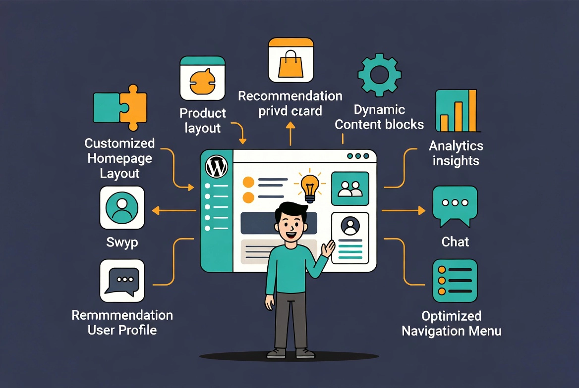 Friendly cartoon person customizing a WordPress dashboard with AI personalization icons connected by workflow arrows on deep navy background.