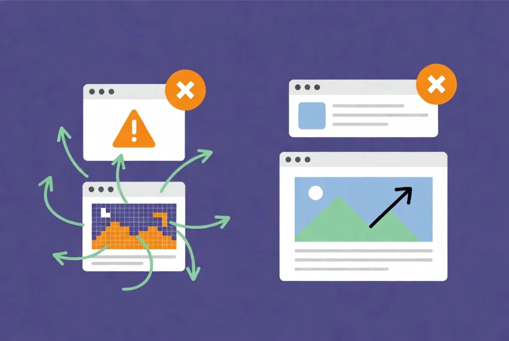 Flat vector illustration contrasting amateur image mistakes with professional web design practices in Elementor