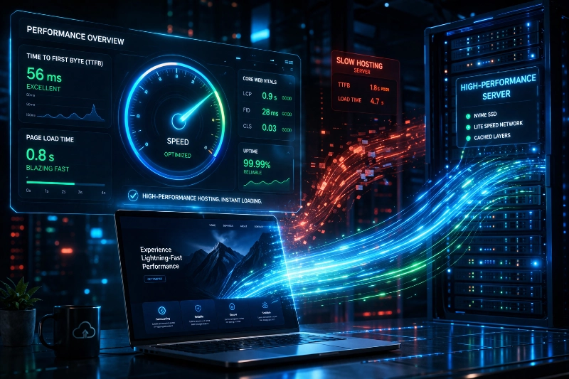 Damaged futuristic server room with sparks, dangling wires, and glowing orange emergency lights in a dark data center.