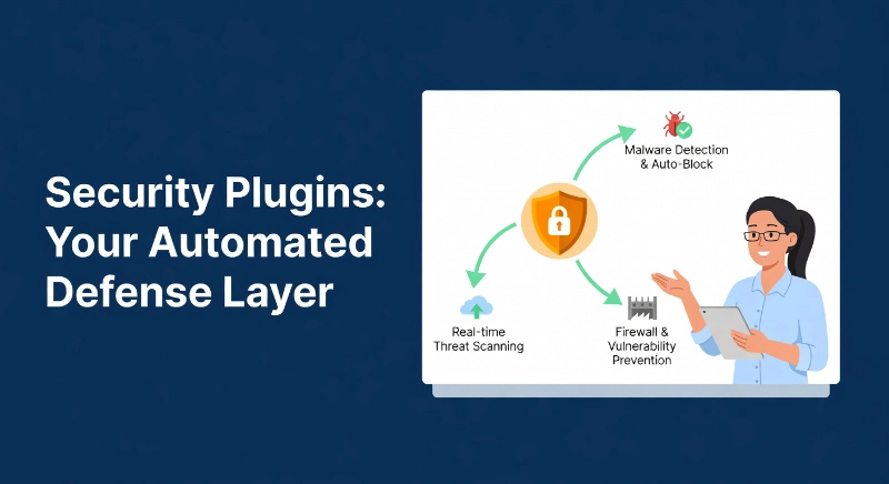 Woman presenting automated defense features including malware detection, real-time threat scanning, and firewall prevention.