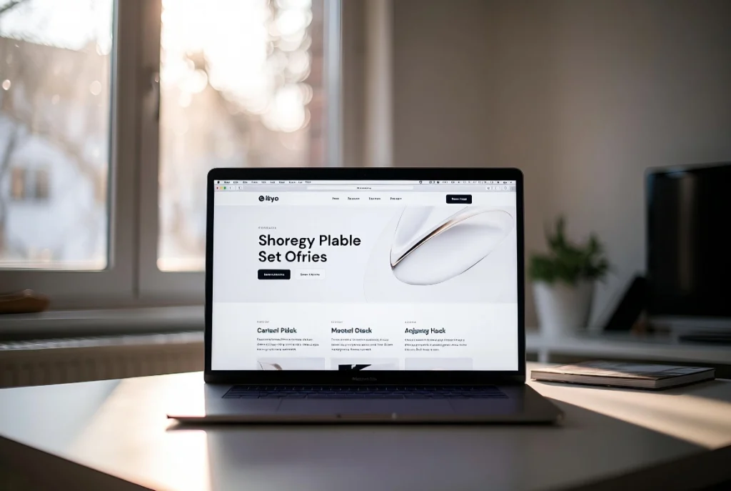 Calm home office desk with laptop showing modern landing page website design in natural warm light