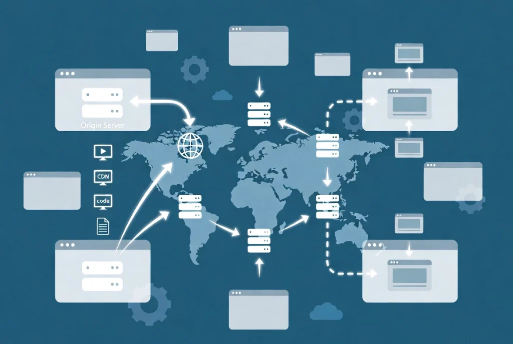 Flat vector global CDN network illustration with world map edge servers and fast content delivery flow arrows for WordPress speed optimization