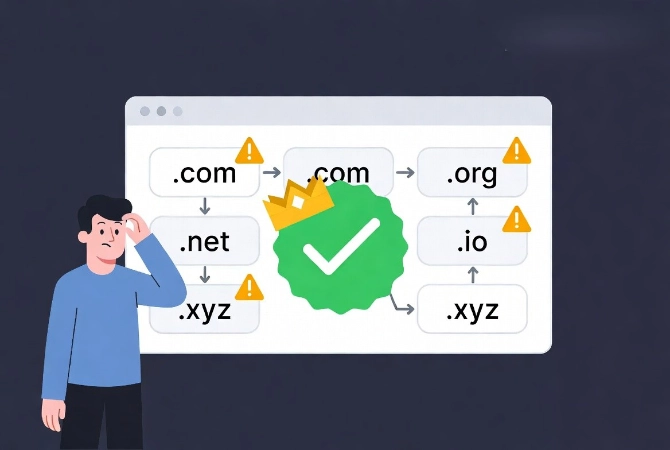 Flat vector illustration of confused man choosing domain TLD with prominent .com highlighted as best option over .net .org .xyz and others.