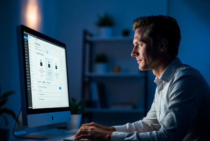 Professional man in light shirt views SSL certificate options on computer monitor in cool blue cinematic office setting.