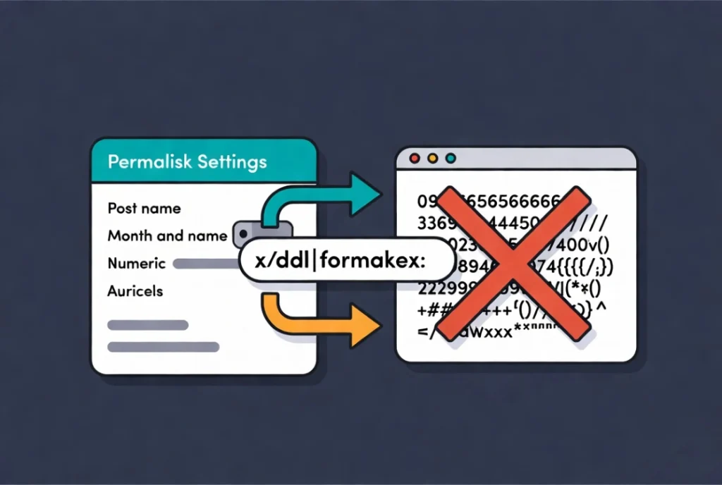WordPress permalink settings panel connected by workflow arrows to clean descriptive URL structure in browser bar