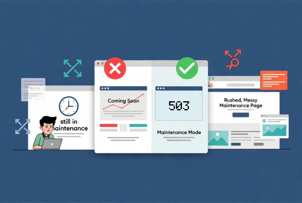 Flat vector illustration showing common mistakes with website maintenance mode setup