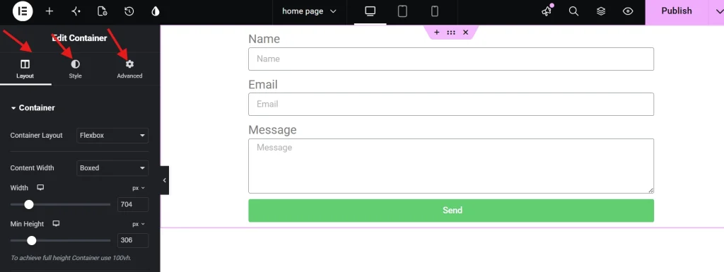 8Website builder contact form editor showing name email message fields with green send button and highlighted layout style advanced tabs