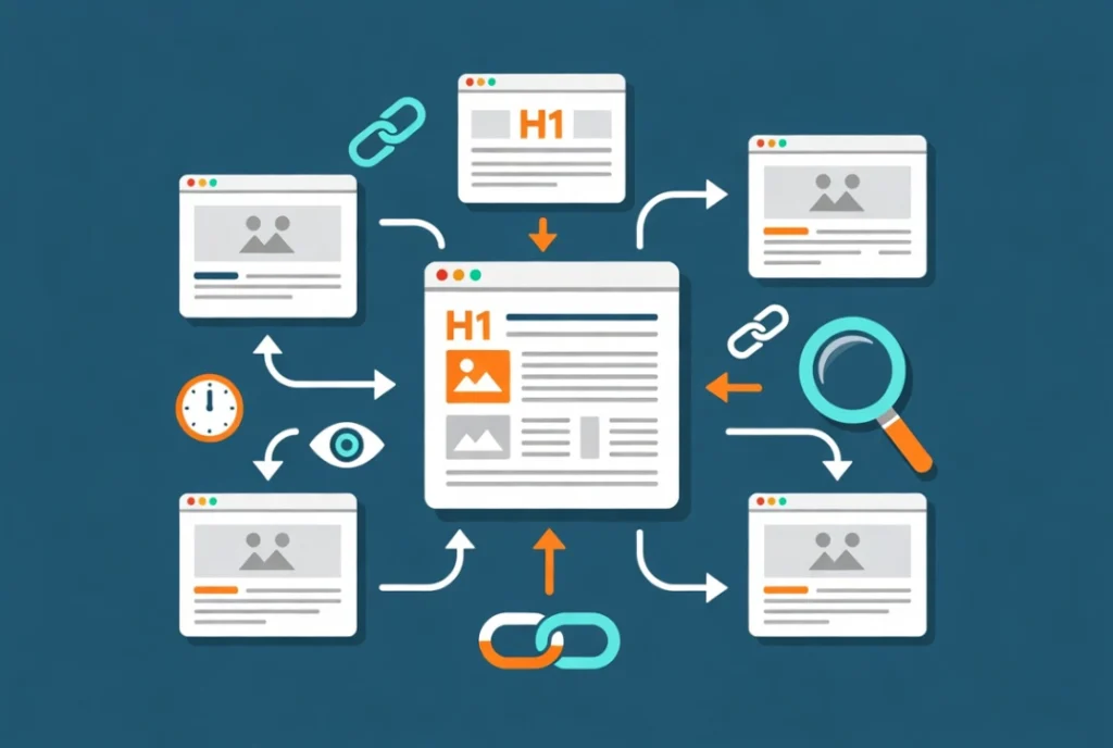 Content quality illustration showing keyword integration workflow with page structure and engagement signals on teal background
