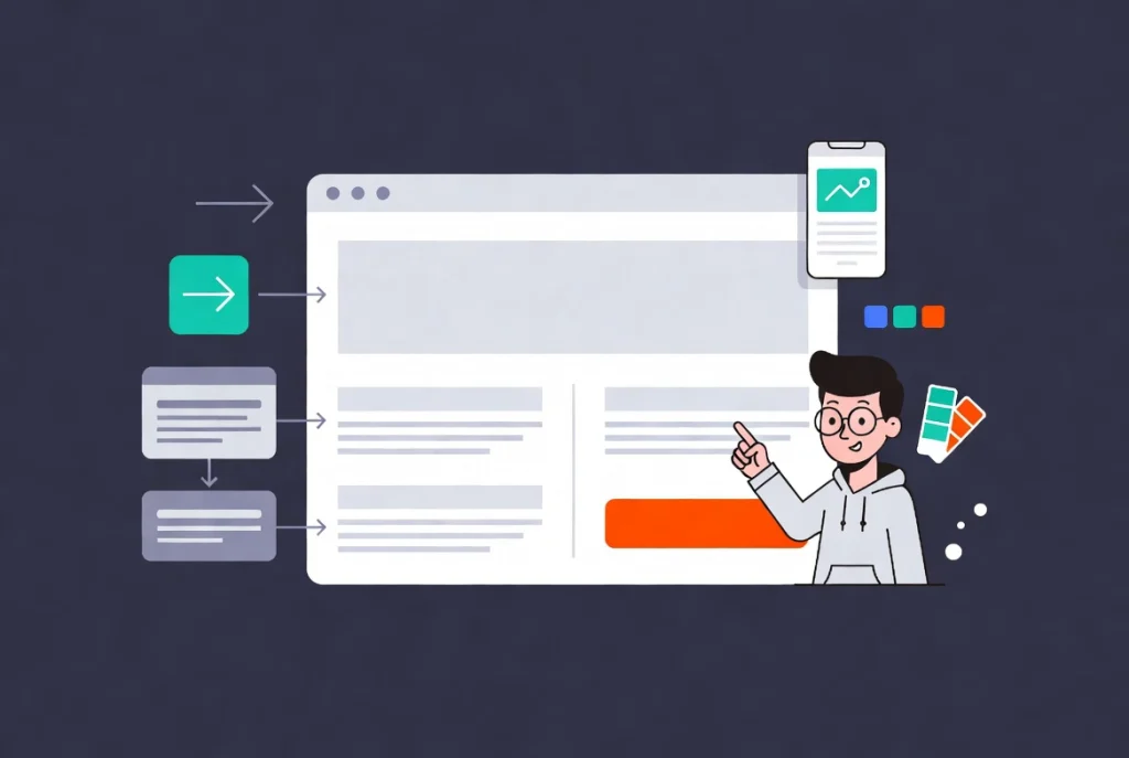 Website layout with visual hierarchy, prominent CTA button, and developer character guiding eye flow in conversion design