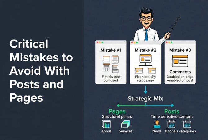 Friendly cartoon instructor pointing to three critical mistakes when using WordPress posts and pages with warning icons and correct strategy workflow arrows