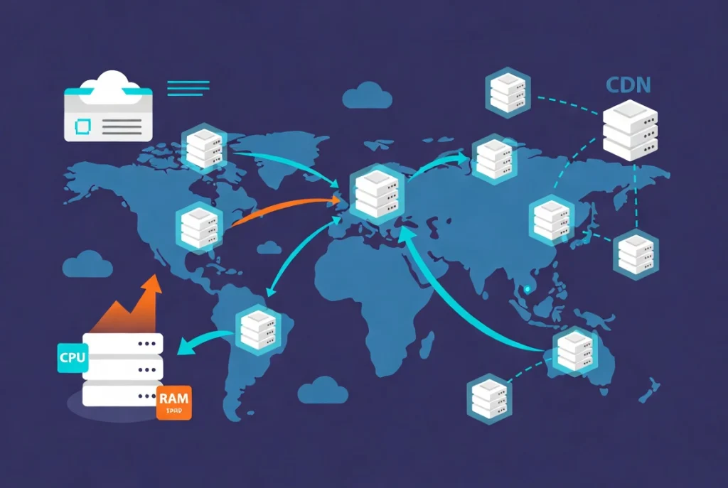 Global data center map with CDN nodes and scalable cloud servers connected by workflow arrows