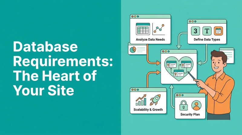 Man in orange shirt pointing to heart-shaped database diagram with arrows connecting data analysis, types, scalability and security plan windows