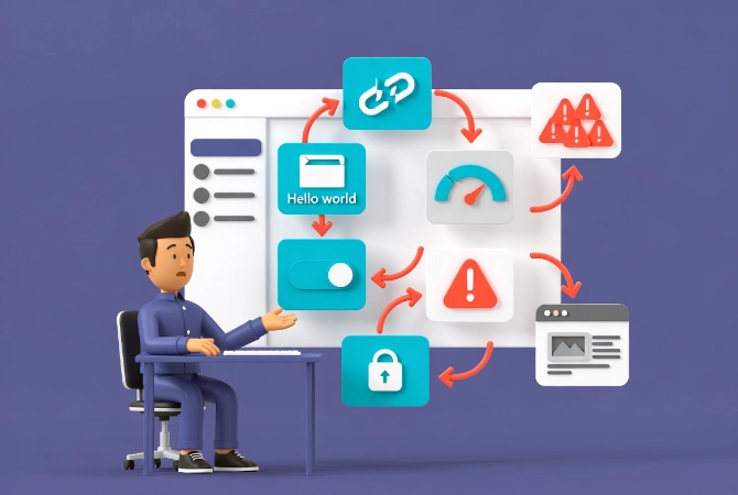 Friendly cartoon man explaining problems caused by default WordPress settings with warning icons and workflow arrows showing permalink issues and visibility problems in flat vector style.