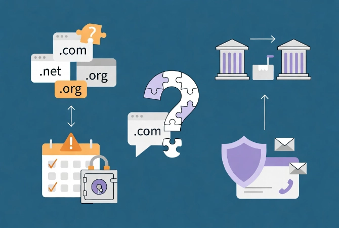 Flat vector FAQ illustration showing domain registration concepts with extensions, transfer, expiration calendar and privacy shield on teal background