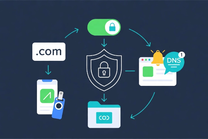 Domain security workflow illustration with shield lock and MFA icons on deep navy background