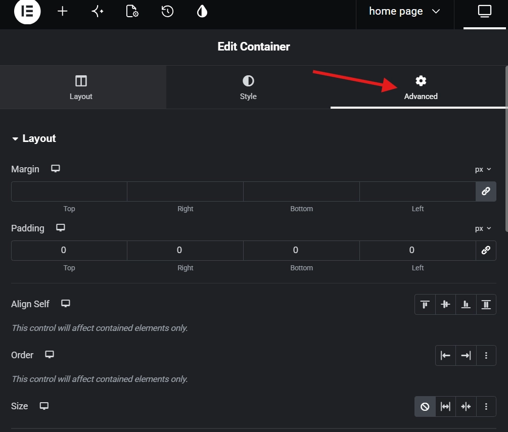 Elementor Edit Container Advanced tab showing margin padding controls with red arrow highlight