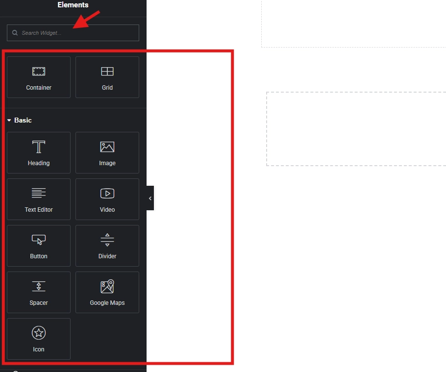 An Elementor elements panel showing basic layout widgets like container grid heading and text editor in the sidebar.