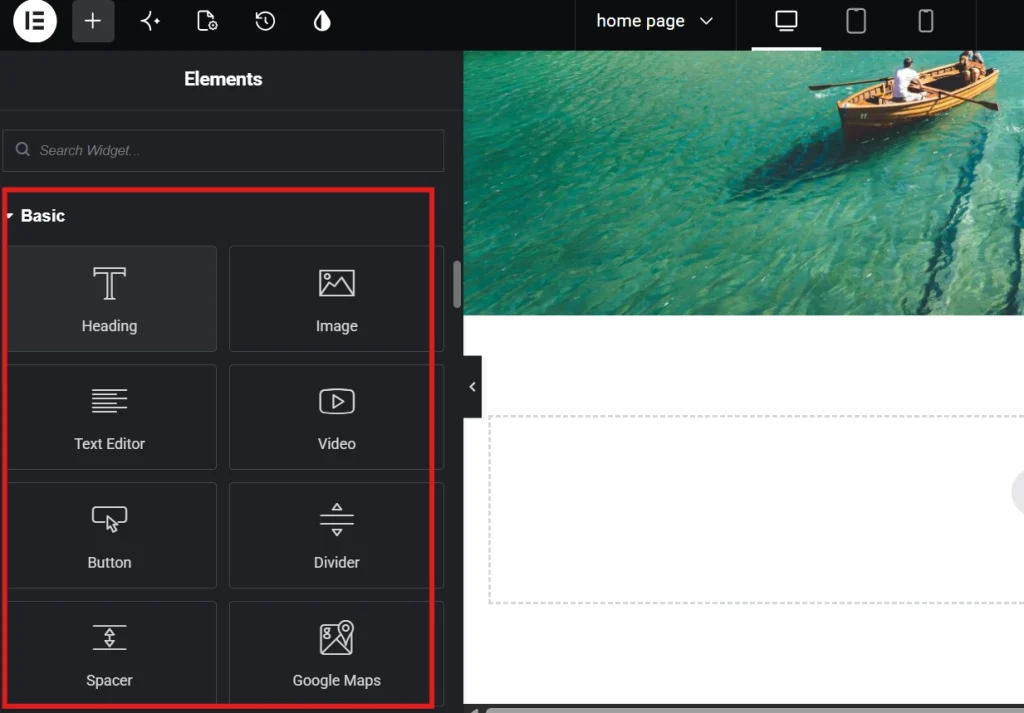 Elementor Basic widgets panel highlighted in red showing core elements like Heading Image Button in dark editor interface