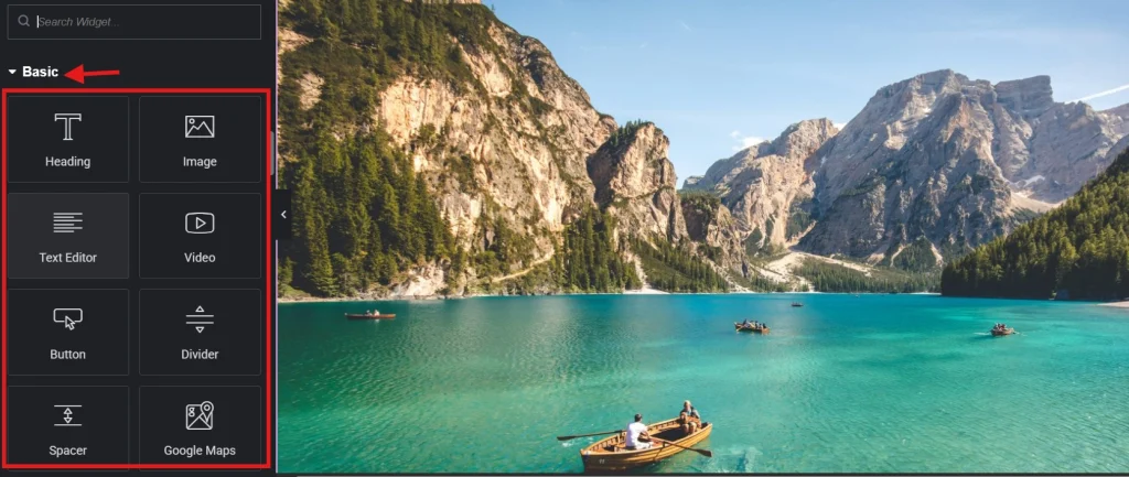Elementor editor Basic widgets panel highlighted next to scenic mountain lake landscape preview