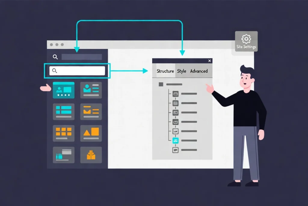 Elementor editor panel with open Navigator, highlighted search bar and workflow arrows for best practices