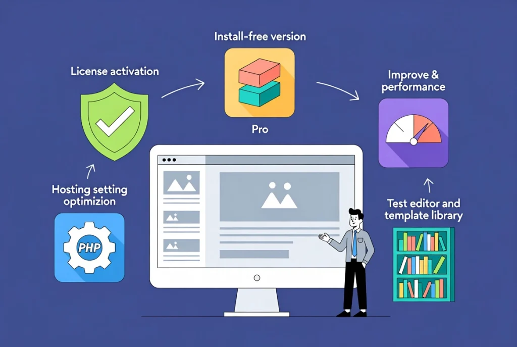 Professional flat vector scene of Elementor page builder best practices setup with workflow icons around central monitor