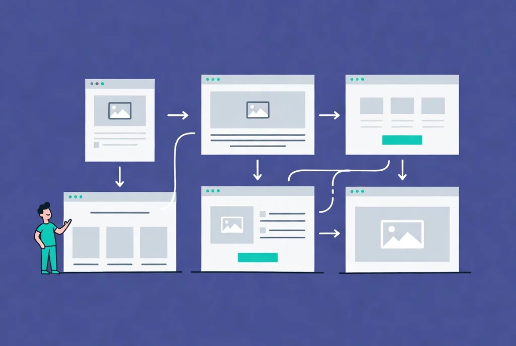 Modular website blocks assembling into clean page layout with workflow arrows in flat vector style