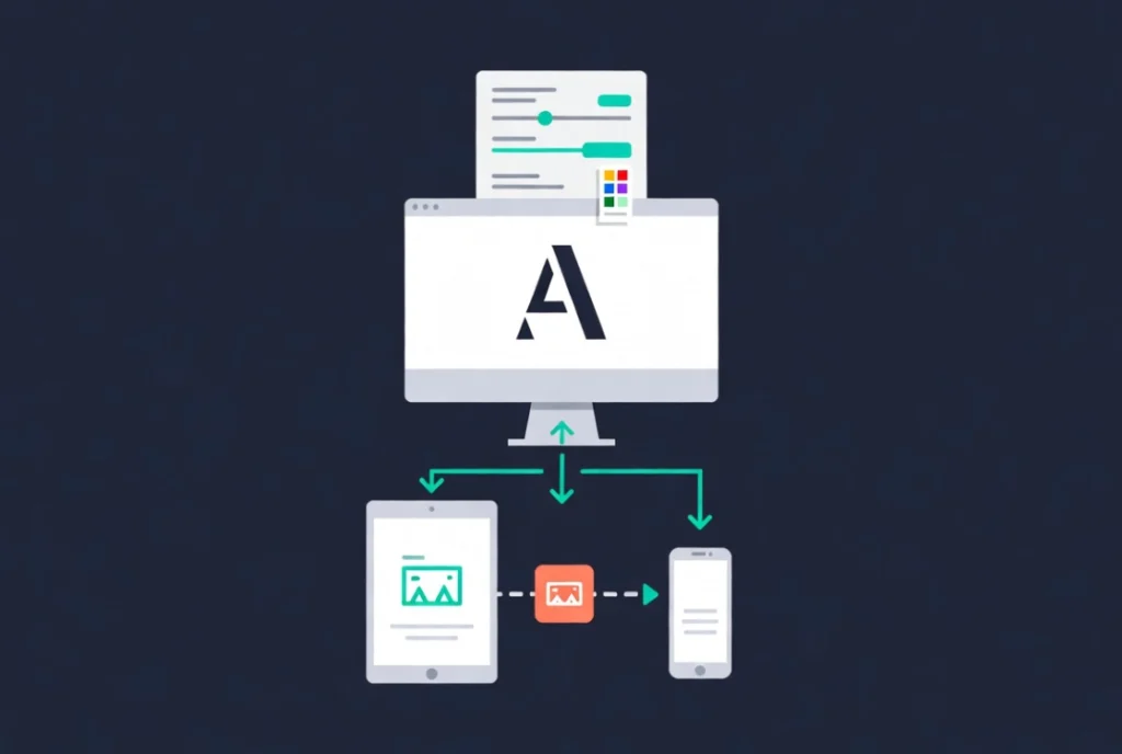 Flat vector illustration of Elementor responsive cascade inheritance showing desktop flowing to tablet and mobile with override adjustment