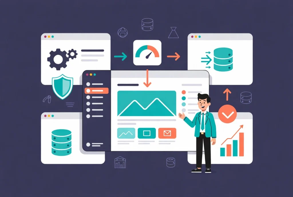 Optimized WordPress Elementor setup illustration showing clean dashboard interface with workflow arrows and professional configuration elements