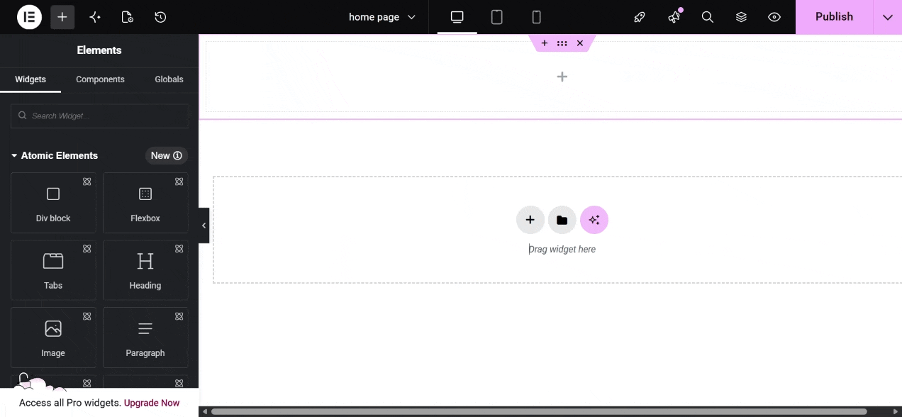 Elementor page builder interface adding background to container using drag and drop editor and layout settings panel