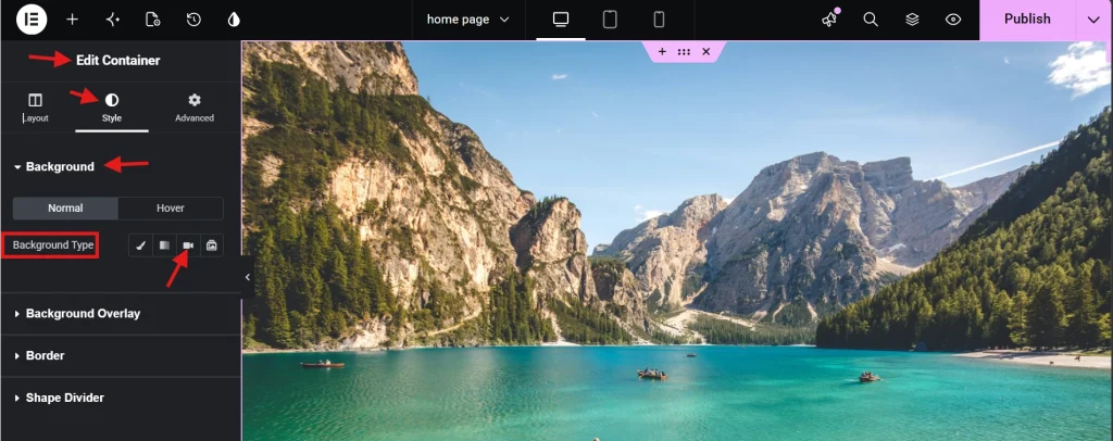 Elementor container style panel with background type options highlighted next to mountain lake preview