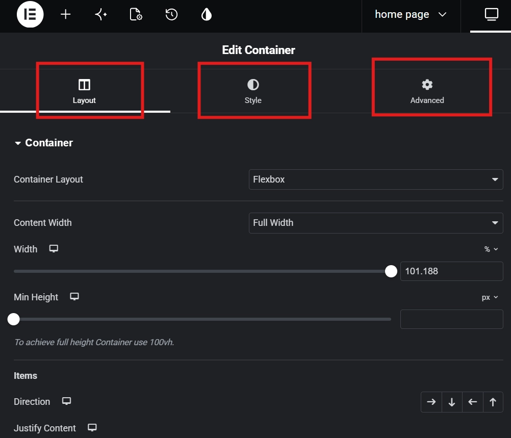 Elementor edit container panel showing Layout Style and Advanced tabs with width settings