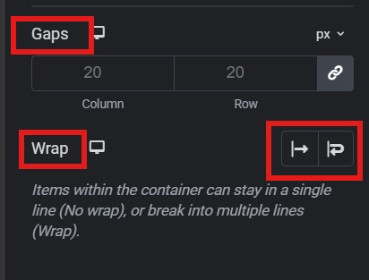 An Elementor layout settings sidebar showing options for container gaps and wrapping properties in the dashboard.