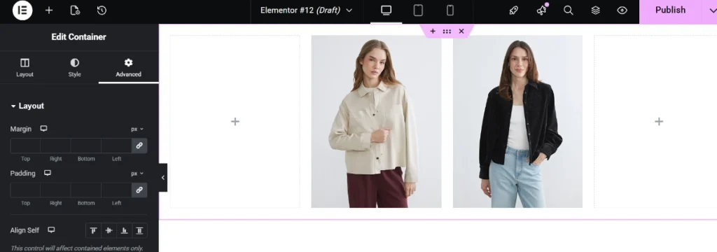 Elementor container layout editor with margin and padding controls beside product image columns