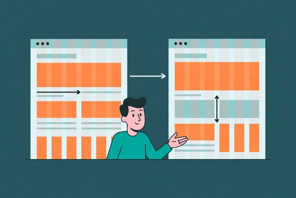 Flat vector illustration showing clean Elementor containers versus old sections layout with workflow arrows