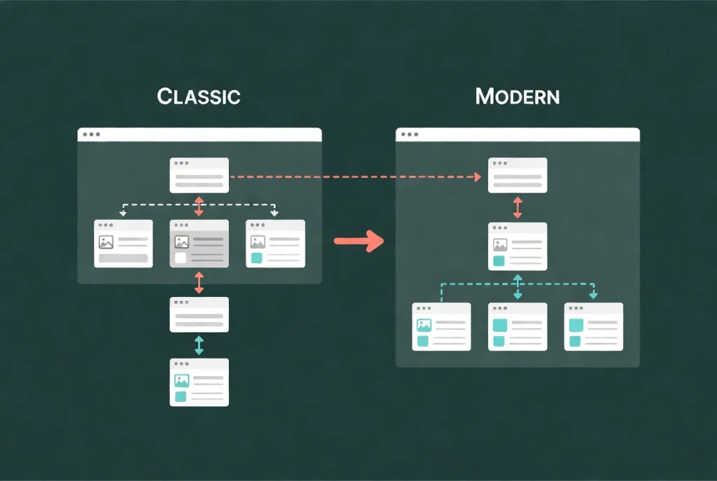 Classic Elementor sections and columns mapping to modern Flexbox containers in webpage structure diagram