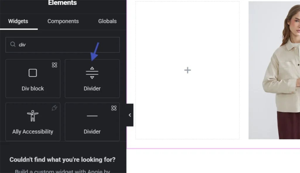 Elementor widgets panel showing divider widget selected next to page layout editor canvas