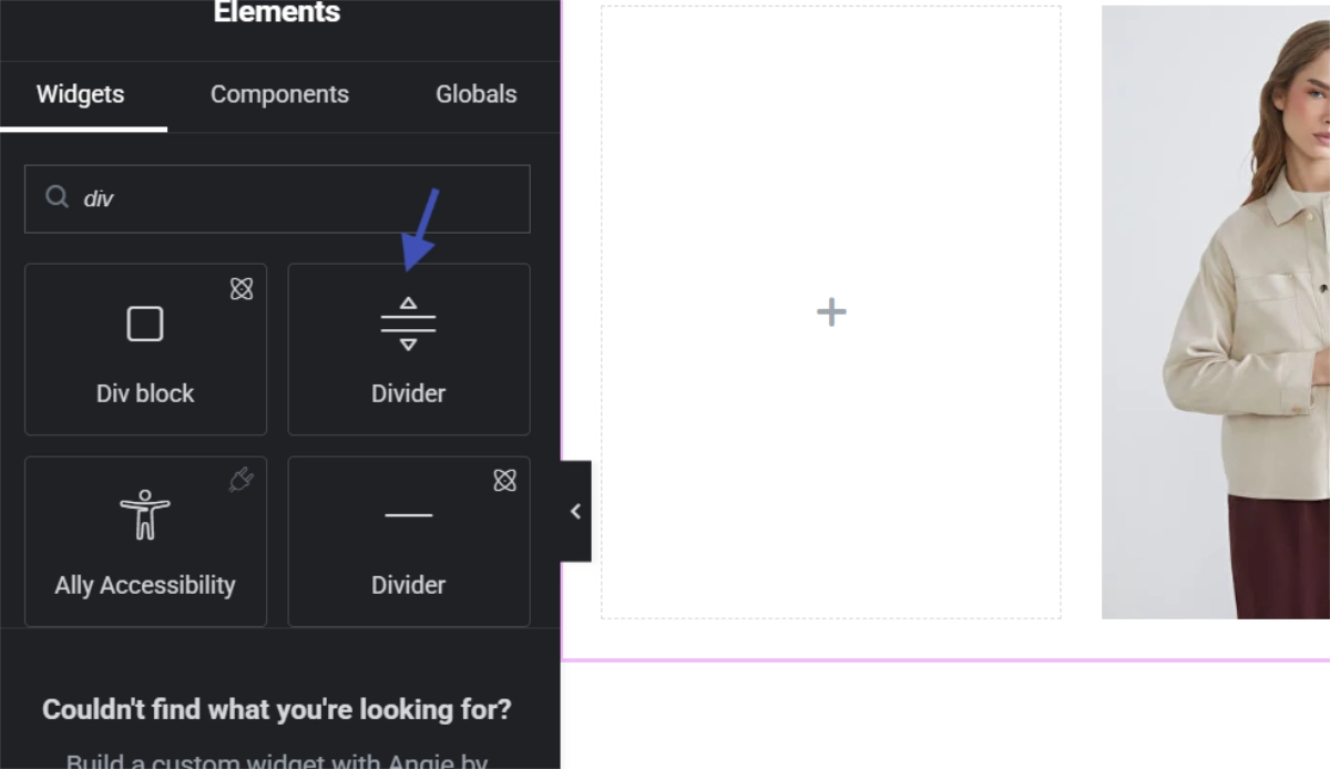 Elementor editor with the Divider widget selected