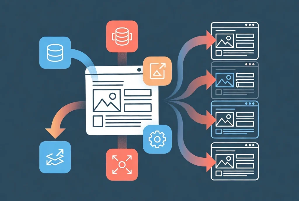 Dynamic Elementor theme builder template shell with workflow arrows populating multiple post previews automatically