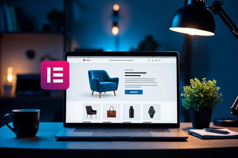 Laptop displaying ecommerce landing page layout with structured spacing and product grid in blue workspace