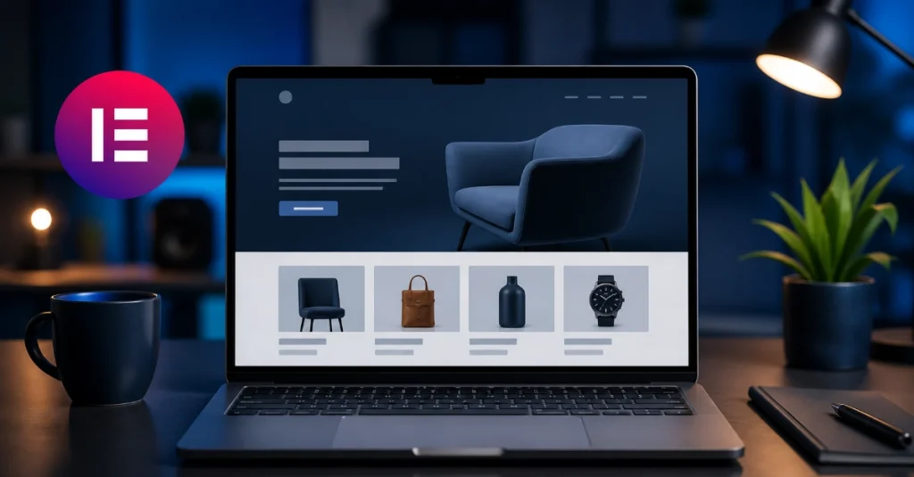 Laptop displaying ecommerce landing page layout with structured spacing and product grid in blue workspace